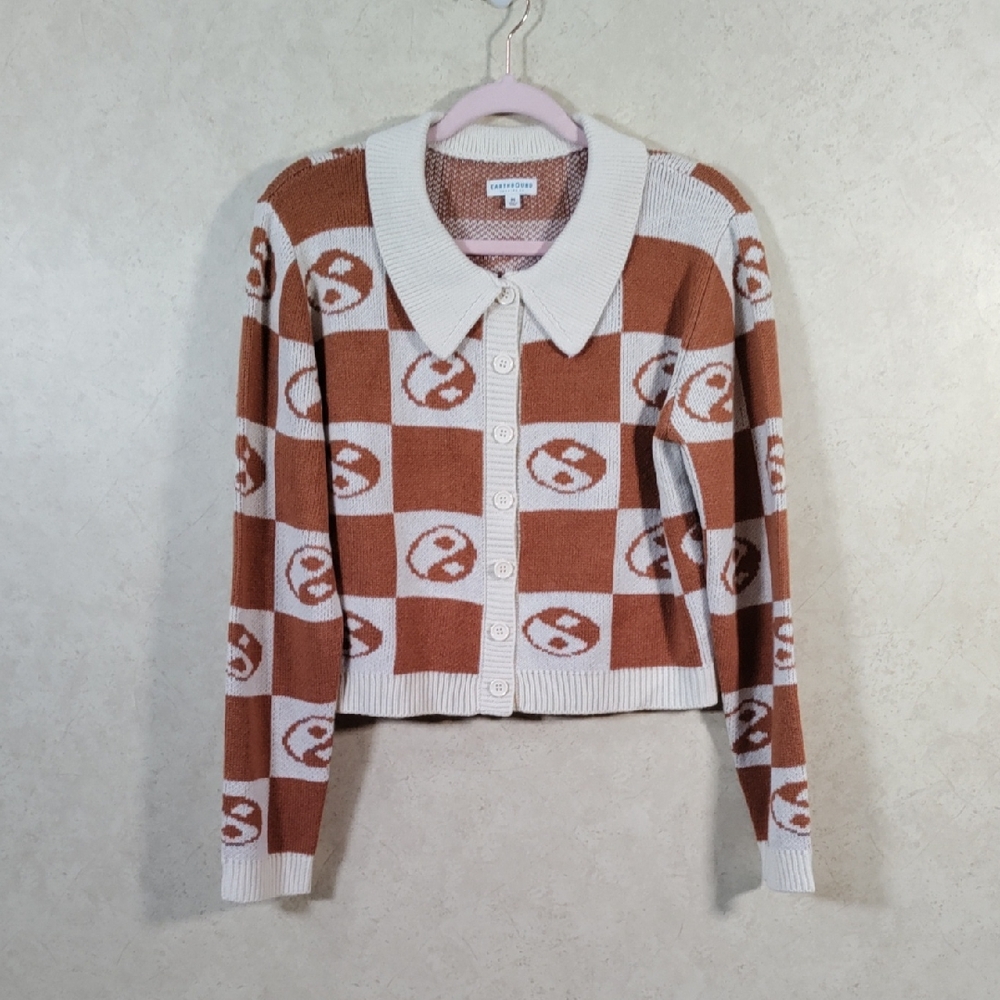 H162 Earthbound cream & rust block print ying & yang cardigan M
